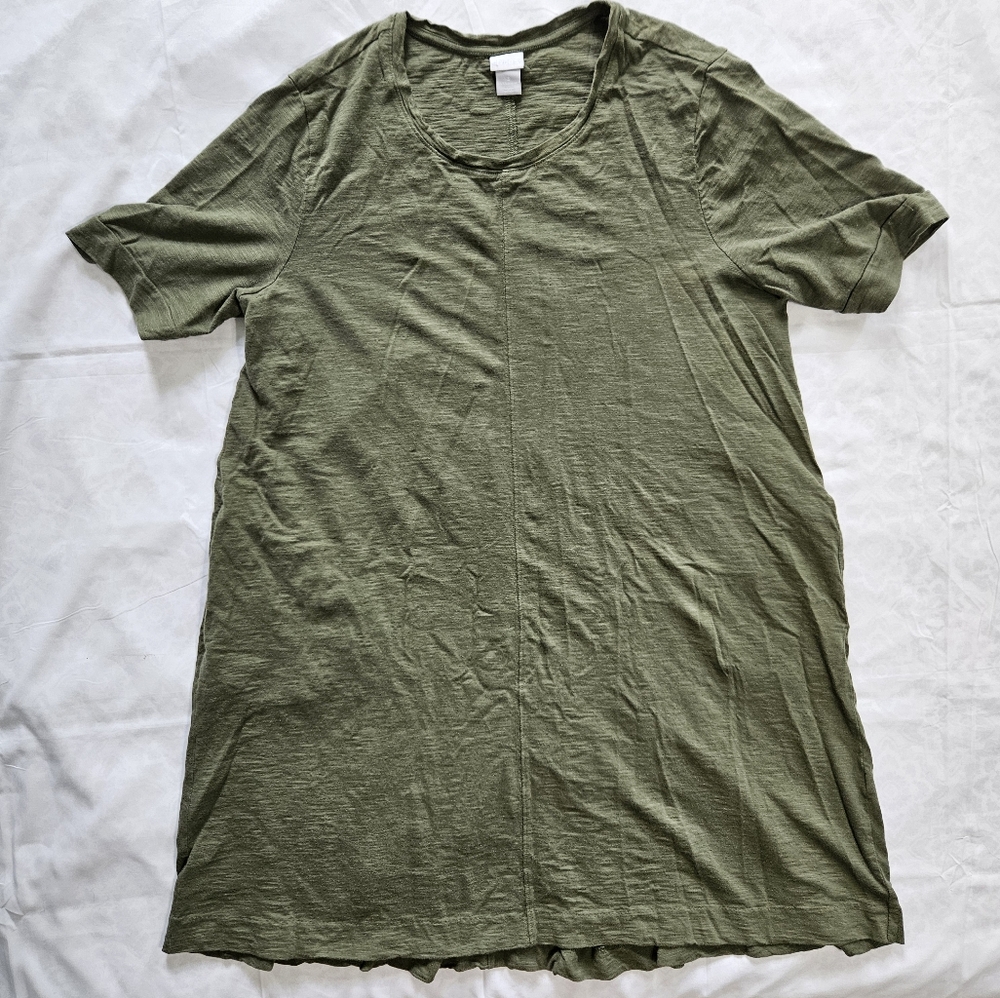 Chicos Womens 3 16 18 Green T Shirt Dress Slub Knit Middle Seam Midi Pockets